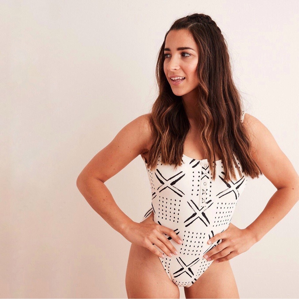 Aerie | Henley One Piece Swimsuit Cream Black Geometric Size XL